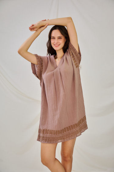 Grossiste Orice - Robe courte bohème en coton effet lin