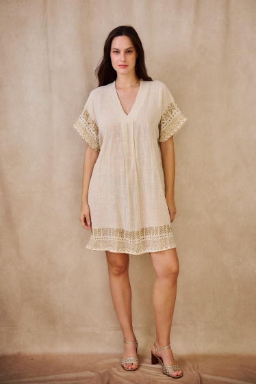 Wholesaler Orice - Short bohemian dress in linen-effect cotton