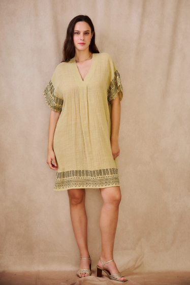 Großhändler Orice - Kurzes Bohemian-Kleid aus Baumwolle mit Leineneffekt