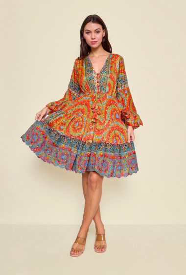 Wholesaler Orice - Short patterned silk dress with English embroidery