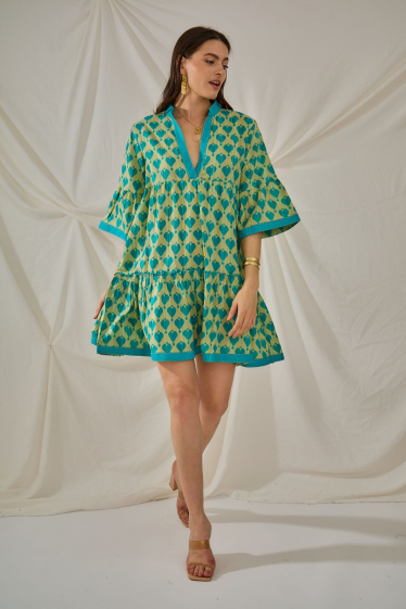 Grossiste Orice - Robe courte turquoise  coton bohème à motifs