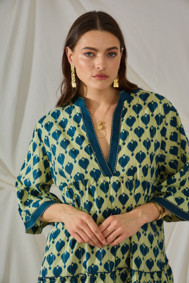 Grossiste Orice - Robe courte verte  coton bohème à motifs