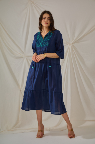 Großhändler Orice - Marineblaues langes Kleid aus schlichter Baumwolle
