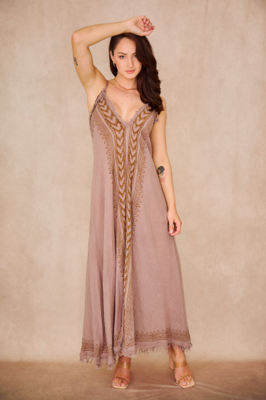 Grossiste Orice - Robe longue bohème en coton d'aspect lin