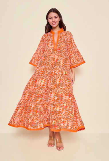 Großhändler Orice - Böhmisches langes Kleid mit orangefarbenen Zebramustern aus Baumwolle