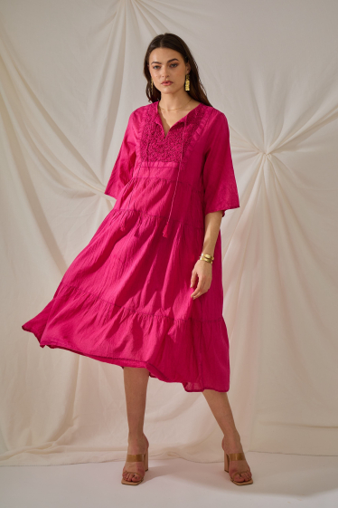 Großhändler Orice - Langes fuchsiafarbenes Kleid aus schlichter Baumwolle