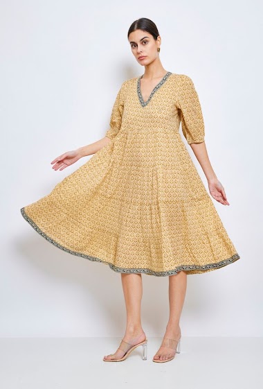 Großhändler Orice - Langes bedrucktes Kleid mit V-Ausschnitt