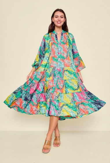 Grossiste Orice - Robe longue motifs tropicaux en soie