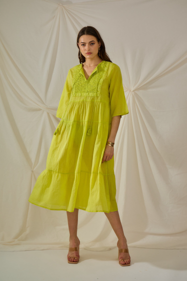 Großhändler Orice - Langes türkisfarbenes Kleid aus schlichter Baumwolle
