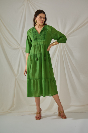 Mayorista Orice - Vestido largo verde liso de algodón