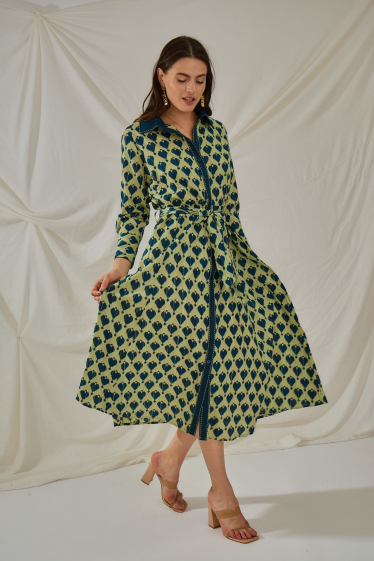 Wholesaler Orice - Midi dress with blue heart patterns and cotton shirt collar