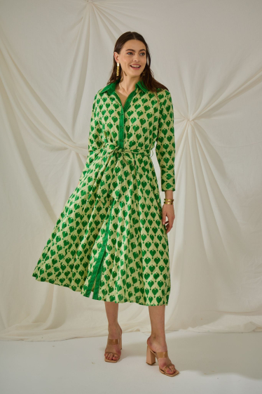 Grossiste Orice - Robe midi a motifs coeurs vert a col chemise en coton