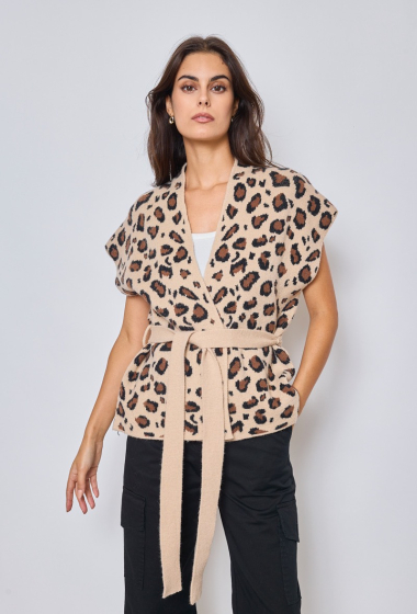 Grossiste Orlinn - Kimono leopard sans manches avec ceinture