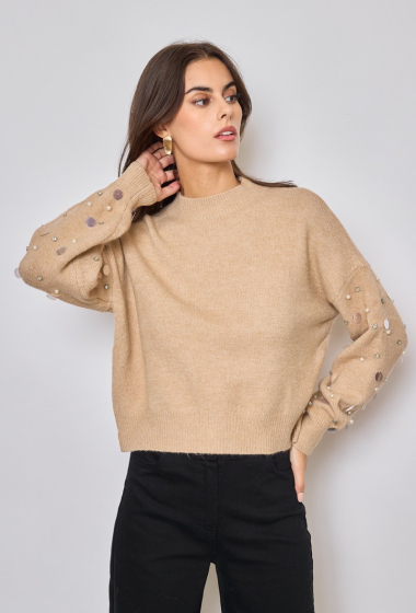 Wholesaler Orlinn - Half-high neck sweater, pearl and sequin sleeves