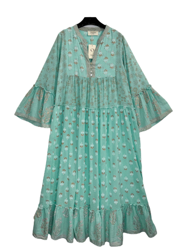 Großhändler Orlinn - Aquafarbenes langes Kleid mit ausgestellten Ärmeln