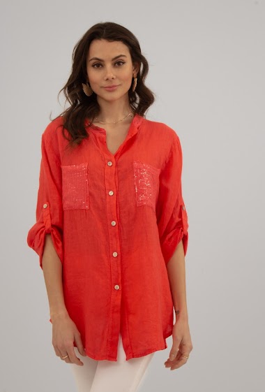 Mayorista Ornella Paris - Camisa de lino bordada con lentejuelas