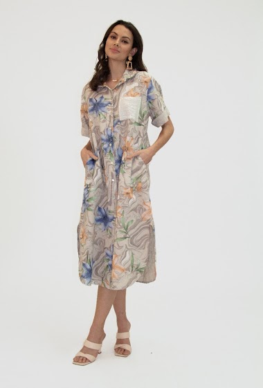 Großhändler Ornella Paris - Bedrucktes Hemdblusenkleid aus Leinen in Übergröße