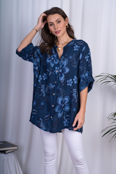 Wholesaler Ornella Paris - Half-sleeve printed linen shirt
