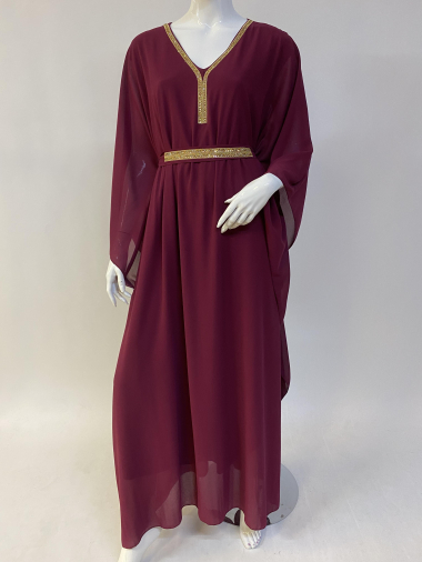 Wholesaler Ornella Paris - Rhinestone v-neck butterfly Abaya dress with rhinestone belt