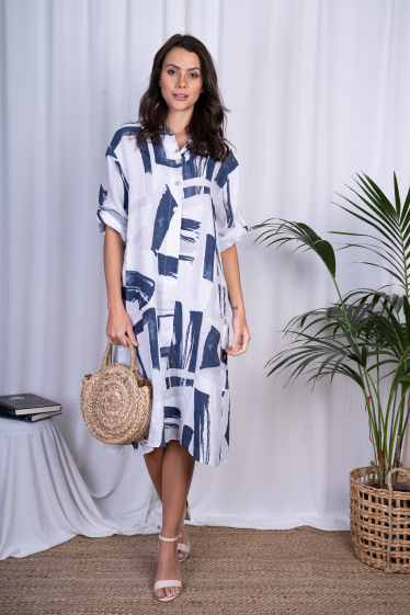 Wholesaler Ornella Paris - Printed linen buttoned dress