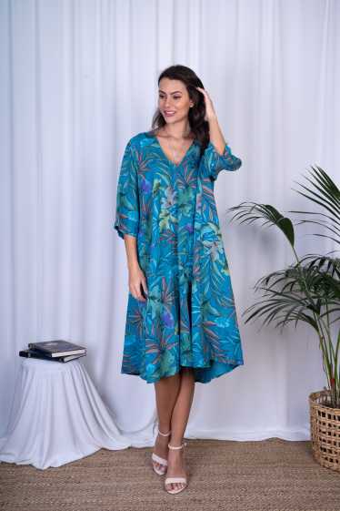 Wholesaler Ornella Paris - Printed mid-sleeve linen dress
