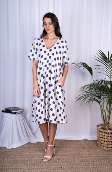 Großhändler Ornella Paris - Leinenkleid mit Polka-Dot-Print