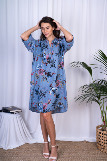Wholesaler Ornella Paris - Printed linen dress with half-length sleeves