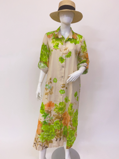 Grossiste Ornella Paris - Robe imprimée boutonnée en lin