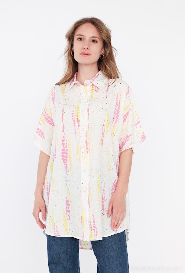 Großhändler Paris et Moi - Übergroßes, kurzärmliges Baumwollhemd mit Lurex-Print