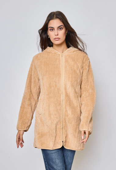 Wholesaler Paris et Moi - Plain fur hooded coat with pockets, linear pattern