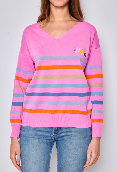 Wholesaler Paris et Moi - AMOUR thin multi-colored striped V-neck sweater ref 8925