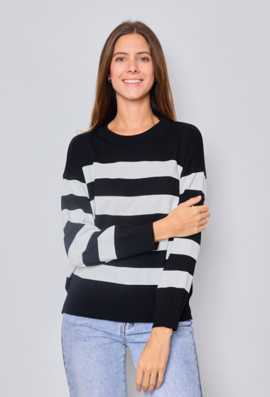 Wholesaler Paris et Moi - Fine oversized sweater with thick stripes ref 8870