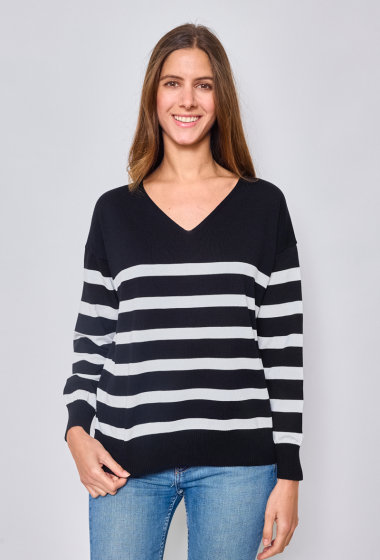 Wholesaler Paris et Moi - Light striped V-neck sweater ref 8886