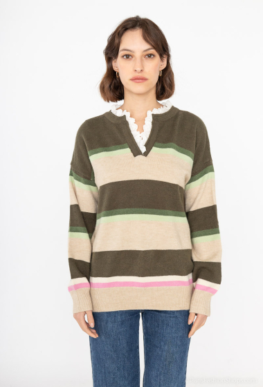 Wholesaler Paris et Moi - Striped sweater with English embroidery collar