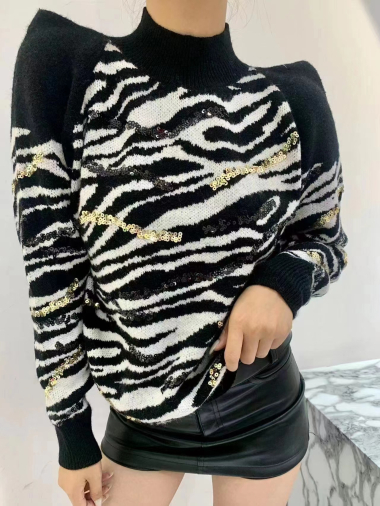 Wholesaler Paris et Moi - High-neck sweater with zebra pattern and sequins