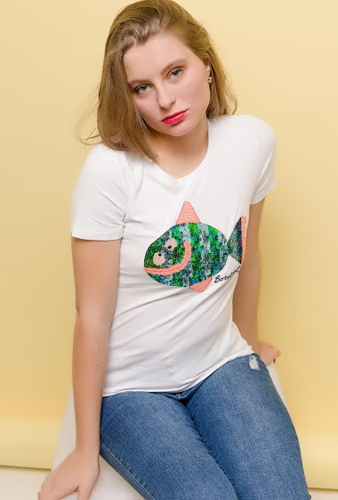 Mayorista Paris et Moi - Camiseta con pescado de lentejuelas