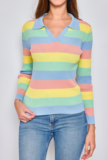 Wholesaler Paris et Moi - Multicolored striped polo top with contrasting collar