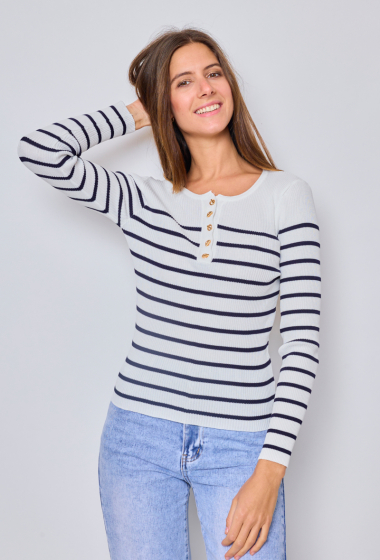Wholesaler Paris et Moi - Ribbed top with fine stripes, round neck with buttons ref 8863
