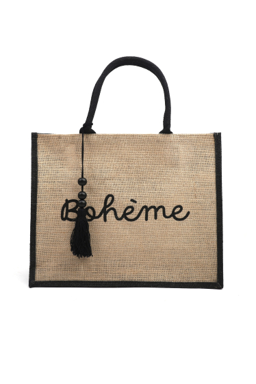 Wholesaler Phanie Mode (Phanie accessories) - Plain canvas tote bag with colored outline printed “Bohème” with pom pom