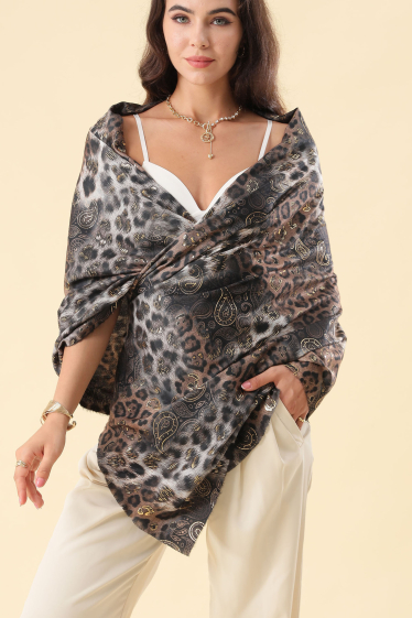 Grossiste Phanie Mode - Echarpe double face avec foil imprimé léopard cachemire