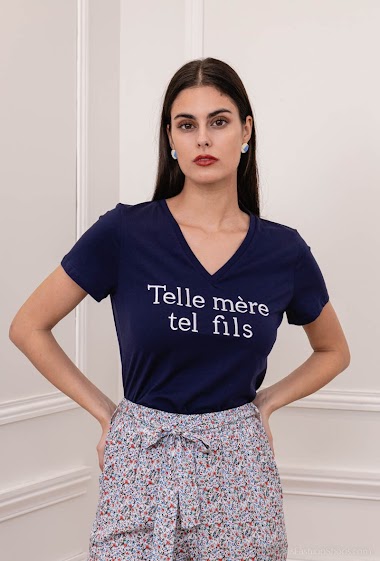 Großhändler PM Mère & Fille - Besticktes Baumwoll-T-Shirt mit V-Ausschnitt