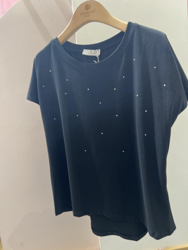 Großhändler POHÊME - Dolly T-Shirt mit kleinen silbernen Strasssteinen und schönem geripptem Ausschnitt