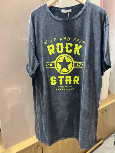 Mayorista POHÊME - Camiseta larga Clariña en denim lavado con ilustración Rock