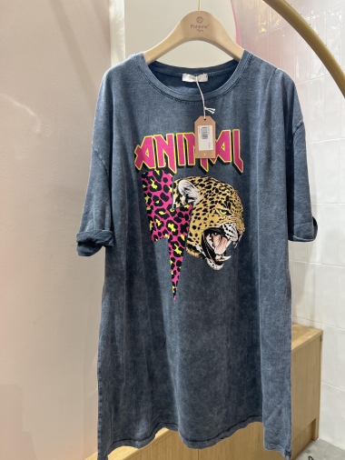 Großhändler POHÊME - Catilde-Kleid-T-Shirt aus grauem Denim mit Tiermotiv