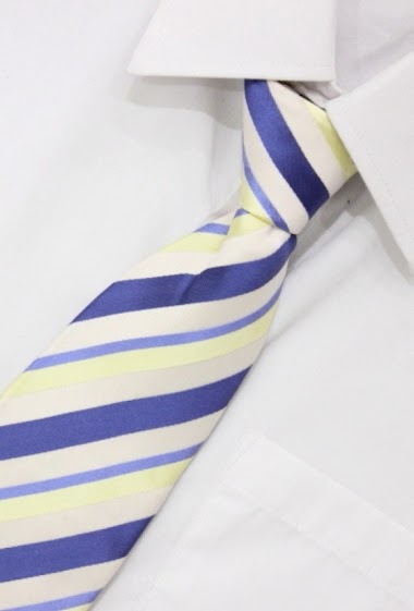 Grossistes Pomme Carre - Cravate à rayures bleues, blanches et jaunes