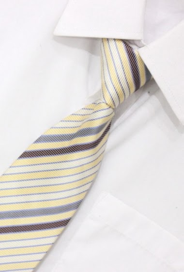 Mayoristas Pomme Carre - Corbata con rayas azules, marrones, blancas y amarillas