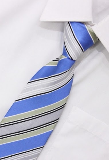 Blue, green, white, black and grey  stripes tie