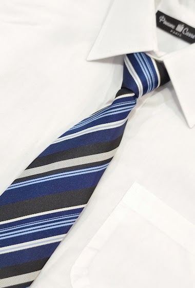 Grossiste Pomme Carre - Cravate à rayures noires, blanches et bleues