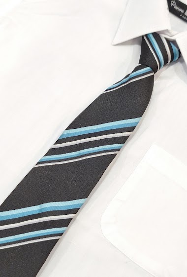 Grossiste Pomme Carre - Cravate à rayures noires, grises et bleues