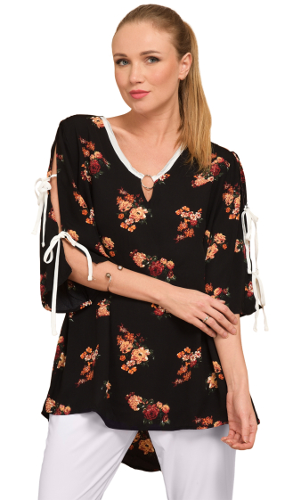 Wholesaler Pomme Rouge Paris - Floral blouse with lacing on sleeve (A876)